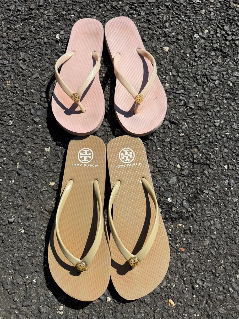 Tory Burch Bundle Logo Flip Flops in Pink and Tan